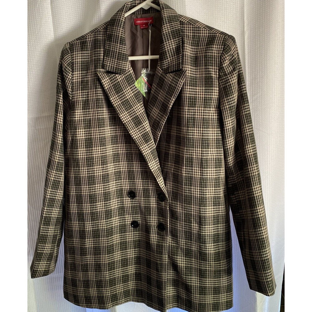 NEW UrbanThreads Women's Brown Plaid Double Breasted Blazer Jacket Classic Sz 8